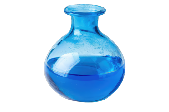 Round-bottom flask with blue liquid, perfect for scientific experiments, laboratory use, chemistry studies, and educational purposes.