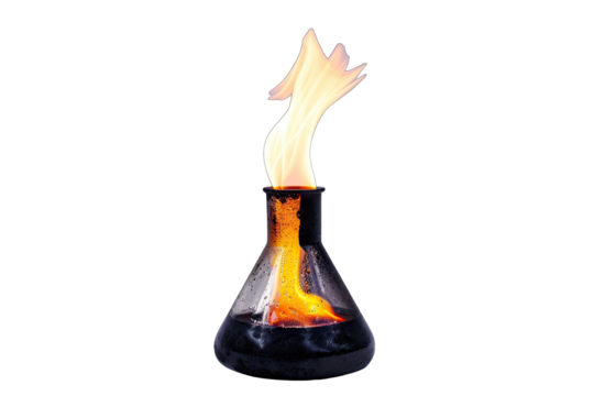 A laboratory beaker with an orange flame. Ideal for chemistry, science, experiment, and education-themed projects.