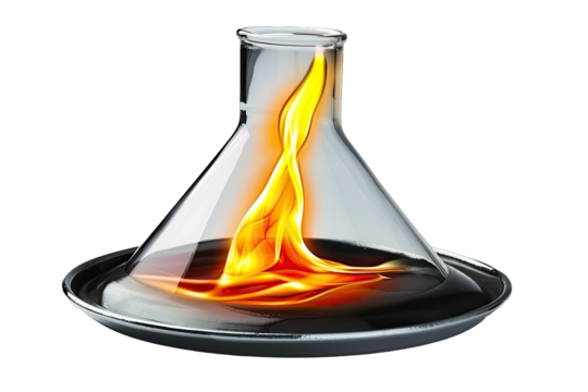 A chemistry flask with a burning flame inside, symbolizing scientific research and experimental discoveries in the laboratory.