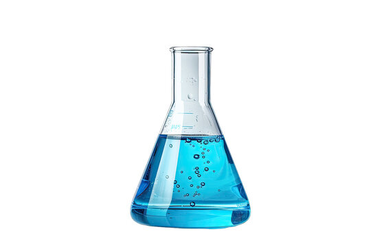 Close-up of a blue liquid filled Erlenmeyer flask used in scientific experiments and laboratory research.