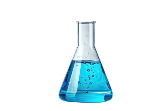 Close-up of a blue liquid filled Erlenmeyer flask used in scientific experiments and laboratory research.