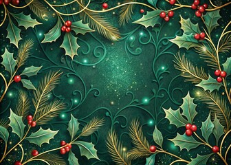 Obraz premium Luxurious dark green velvet background surrounded by lush mistletoe leaves and vines, adorned with sparkling glitter and ornaments, evoking a magical festive atmosphere.