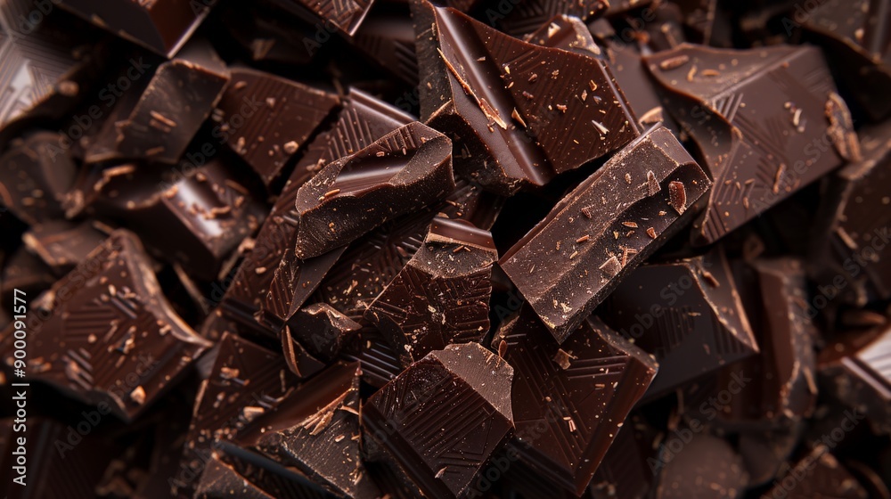 Poster pile of dark chocolate pieces with intricate patterns. ideal for food backgrounds and gourmet textur