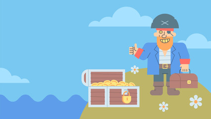 Pirate on island shows thumbs up holding suitcase and smiling