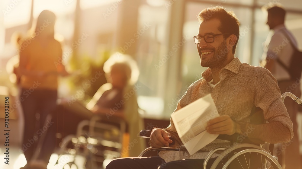 Poster smiling man in wheelchair reading a document in bright, sunlit office. highlighting accessibility an