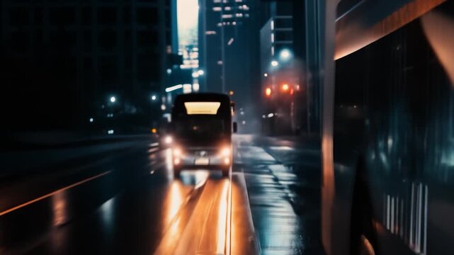 Urban street time lapse at night, City bus oncoming cars driving on wet road downtown, Public transportation bustling metropolitan speeding under city lights