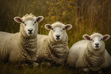 Fototapeta premium Three sheep huddled together in an autumn meadow with dry brown grass