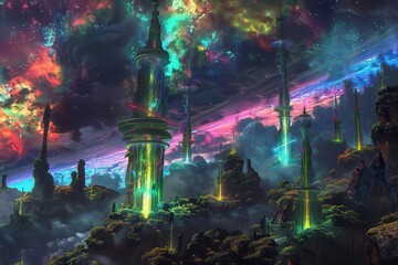 Futuristic Cityscape with Glowing Towers and Vivid Nebula