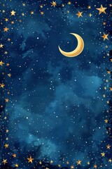 Naklejka premium Starry Night Sky Frame. A frame of twinkling stars, glowing constellations, and a crescent moon. The center is a blank, deep indigo sky, perfect for a serene, celestial backdrop.