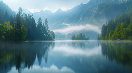 The stunning natural scenery of the lake surrounded by mountains, the mist floating above the water creates a peaceful and mysterious atmosphere.