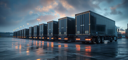 Line of parked semi-trucks on wet pavement at dusk.