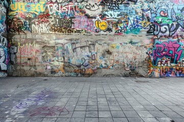 Fototapeta premium Urban Graffiti Wall. A frame of vibrant, colorful graffiti art and street murals. 