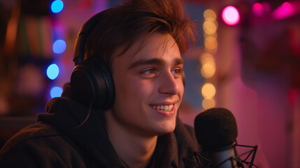 Young man with headphones smiling while speaking into a microphone.
