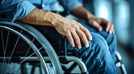 Obraz premium Close-up of a person in a wheelchair with a blue shirt in an office. Professionalism and accessibility in the workplace.