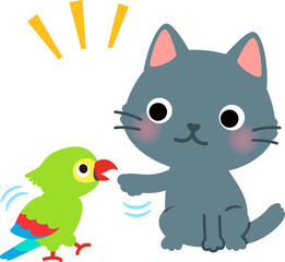 じゃれ合う猫とオウム