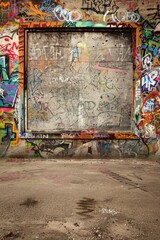 Naklejka premium Urban Graffiti Wall. A frame of vibrant, colorful graffiti art and street murals. 