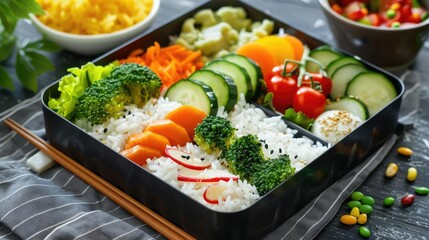Creative bento box with rice, veggies, and protein, healthy food, lunch box