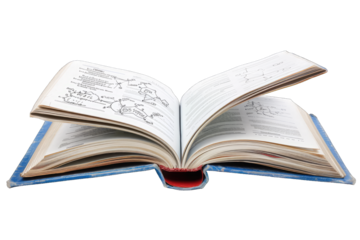 Open book with scientific diagrams and text on a white background, representing knowledge, education, and learning.