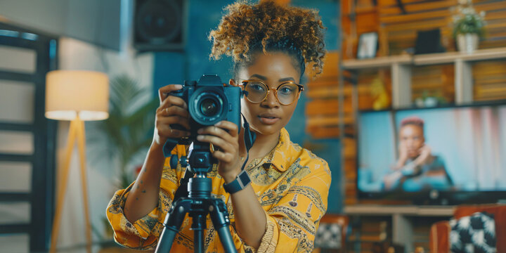 A young african woman focused on taking a picture with a camera, holding it steady on a tripod in a home studio. - Powered by Adobe