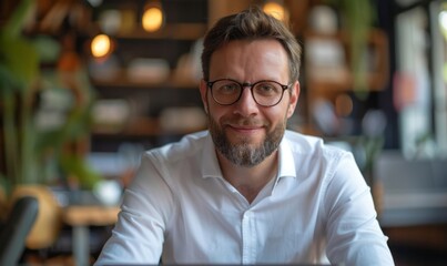 Obraz premium Successful Male Executive: Confident Businessman, Banker, or Financial Director at Office Desk. Professional Portrait with Laptop, Smiling at Camera. AI-Generated 4K Illustration Showcasing Corporate 