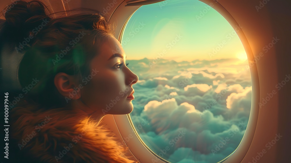 Wall mural Young woman in the airplane