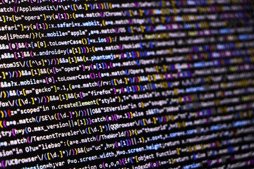 Software source code. Programming code. Programming code on computer screen. Developer working on...