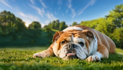 Fototapeta premium Portrait of a cute english bulldog dog lying down on a green field
