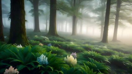 A serene, misty forest with a carpet of ferns and wildflowers
