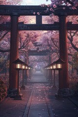 Obraz premium Ancient Japanese Torii Gate Frame. Wooden Torii gates, cherry blossoms, and lanterns. 