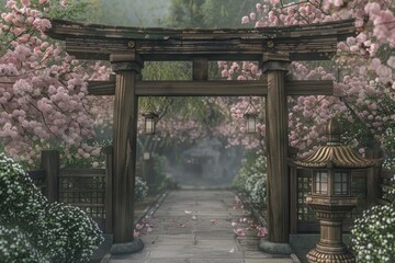 Fototapeta premium Ancient Japanese Torii Gate Frame. Wooden Torii gates, cherry blossoms, and lanterns. 