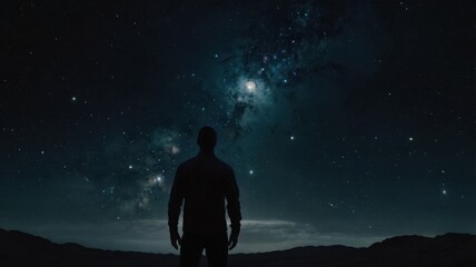 Fototapeta premium Silhouetted Under the Milky Way: A solitary figure stands amidst a breathtaking vista of the Milky Way, their silhouette a poignant reminder of humanity's place in the vastness of the universe. The im