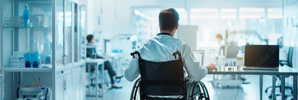 Aufkleber Disabled scientist in a wheelchair working in a laboratory. Accessibility and inclusion in scientific research.