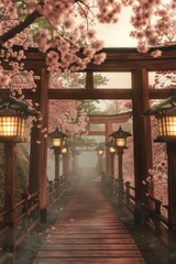 Fototapeta premium Ancient Japanese Torii Gate Frame. Wooden Torii gates, cherry blossoms, and lanterns. 