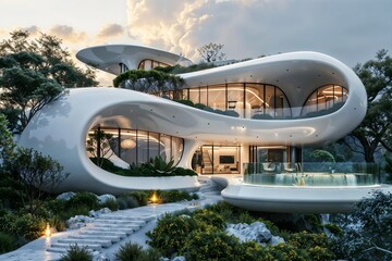 Futuristic Modern Aesthetic House with Sleek Round Angles and Photo-Realistic Detailing, Showcasing Cutting-Edge Architectural Design, Sustainable Building Materials, and Innovative Smart Home