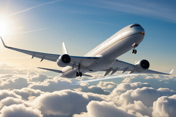 Obraz premium Majestic commercial airliner soaring through cumulus clouds 