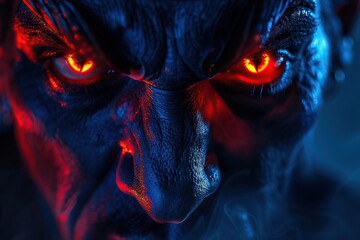 Dark fantasy close-up of menacing creature with glowing eyes