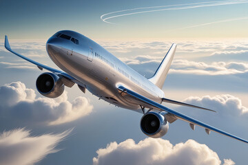 Obraz premium Majestic commercial airliner soaring through cumulus clouds 