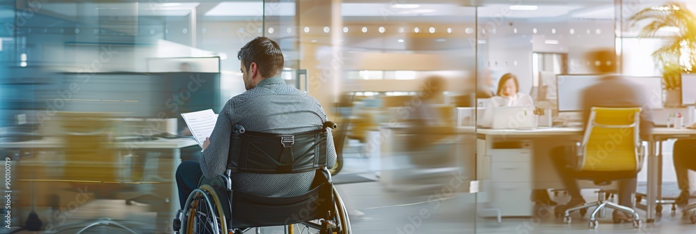 Leinwandbilder Man in wheelchair with papers in busy, modern office. Emphasizing accessibility and inclusion in a dynamic work environment.