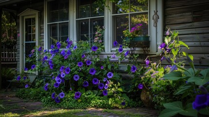 Yard adorned with purple morning glories