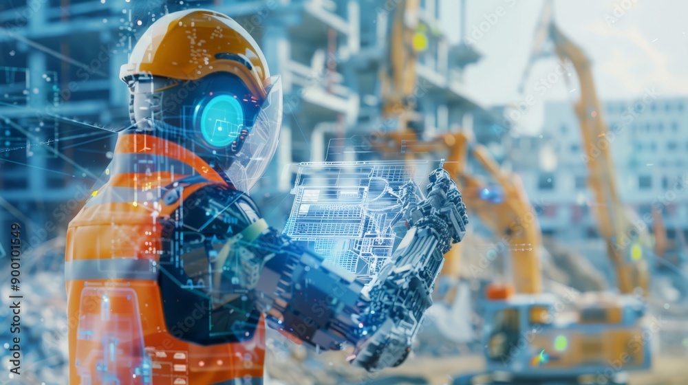 Poster Robot engineer using augmented reality on a construction site. Advanced technology in building.