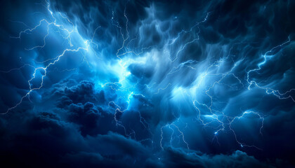 Fototapeta premium Vivid Blue Lightning Strikes Amidst Dark Storm Clouds