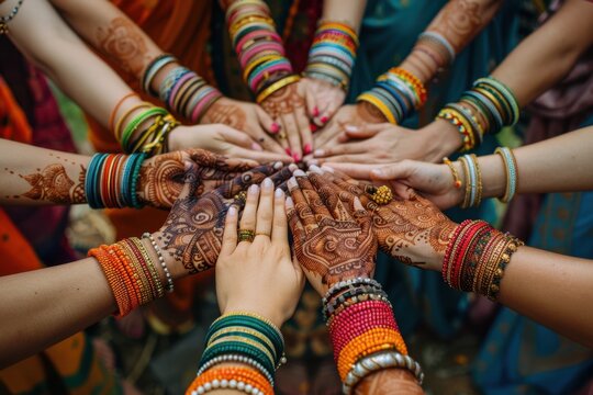 Close-up photograph of a diverse group of hands in a circle, each hand adorned with unique cultural jewelry and henna designs, symbolizing unity and cultural pride.