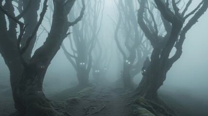 Spooky foggy forest with gnarled trees and glowing eyes in the mist, creating an eerie and haunted atmosphere perfect for Halloween scenes.