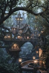 Fantasy Elven Village. Elegant treehouses, twinkling lanterns, and delicate bridges. Enchanting village, perfect for an immersive fantasy setting.