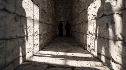 Obraz premium Two shadowy figures stand in a dimly lit stone corridor, casting long, eerie shadows on the rugged walls creating a mysterious atmosphere.