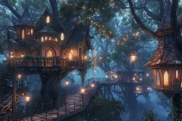Fototapeta premium Fantasy Elven Village. Elegant treehouses, twinkling lanterns, and delicate bridges. Enchanting village, perfect for an immersive fantasy setting.