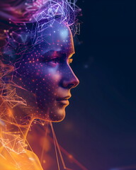 Obraz premium Futuristic portrait of a woman on an abstract background with dynamic moving figures and waves. Vertical cover for a project with copy space