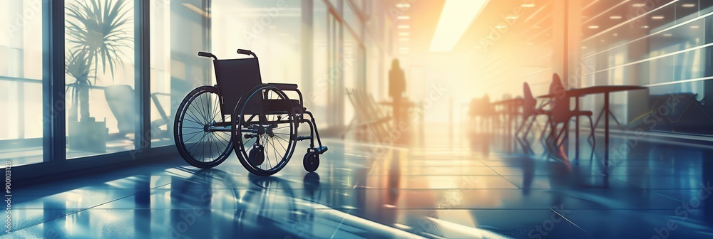 Poster wheelchair in an office hallway with sunlight streaming in through large windows. highlights accessi