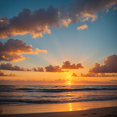 Scenic colorful sunset at the sea coast. Beautiful sunset in sea. Sun through clouds