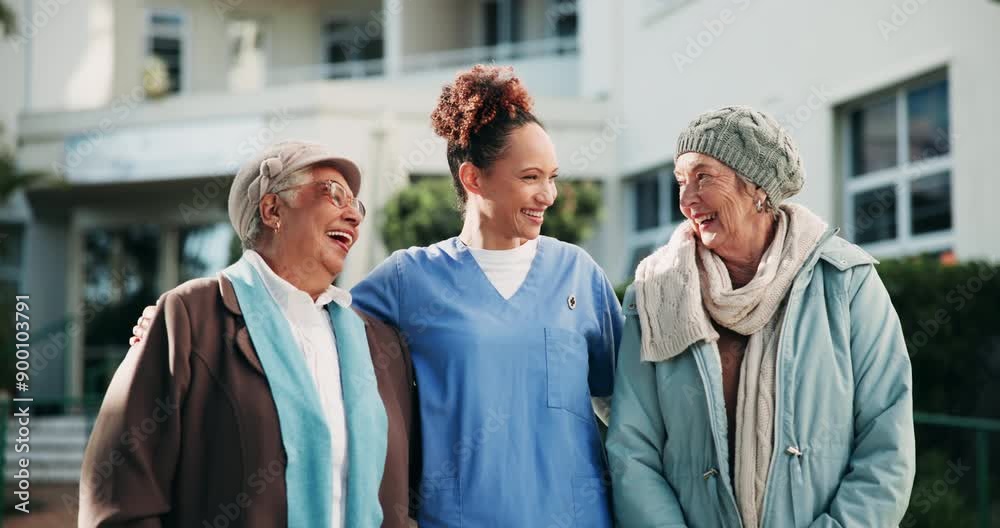 Canvas Prints Happy, hug and senior women with caregiver outdoor in retirement community with daily assistance and support. Elderly people, nurse and bonding with laugh, trust and wellness by residential care home